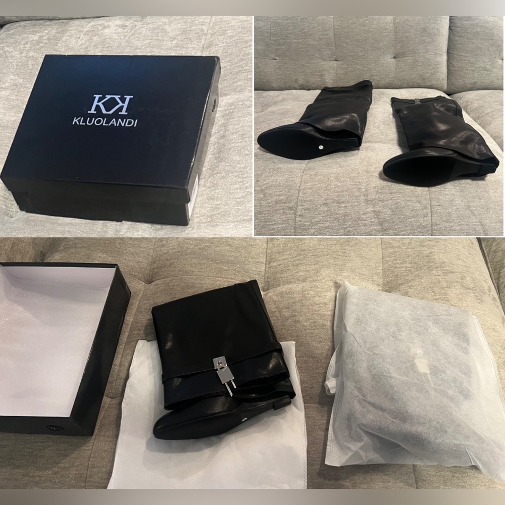 NEW IN BOX Black Fold Over Wedge Heel Wide Calf Pull On Knee High Boots Size 10 - Picture 9 of 16